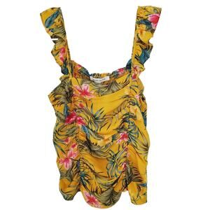 Rose and Olive Goldenrod Yellow Tropical Print Ruched Tank Top Size XS
